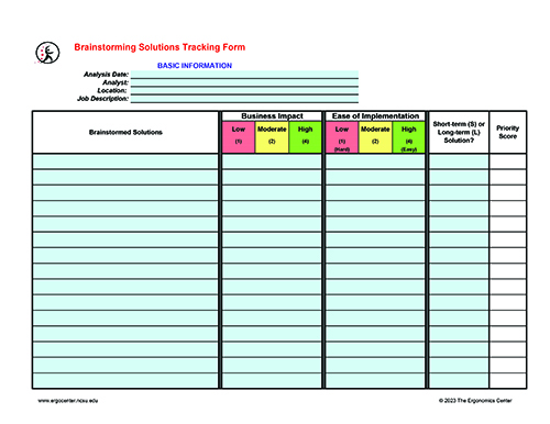 Ergonomics Brainstorming Solutions Tracking Form